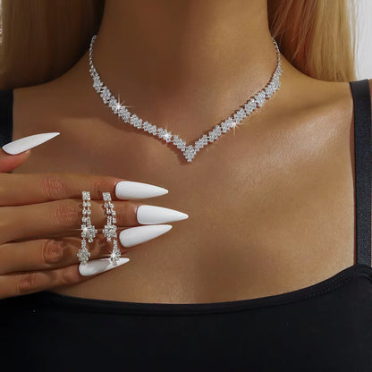  3-Piece Silver Bridal Jewelry Set – Rhinestone Clutch Bracelet & Tassel Earrings