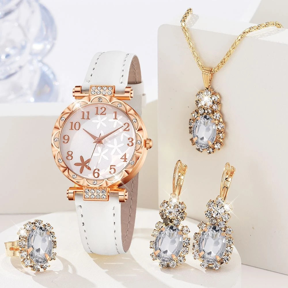 5-Piece Elegant Rhinestone Watch & Jewelry Set for Women – Quartz Wristwatch with Matching Accessories