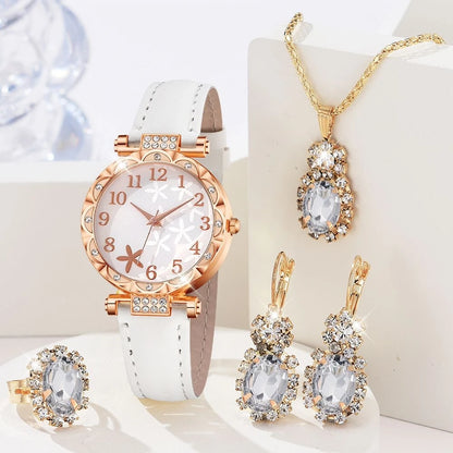 5-Piece Elegant Rhinestone Watch & Jewelry Set for Women – Quartz Wristwatch with Matching Accessories