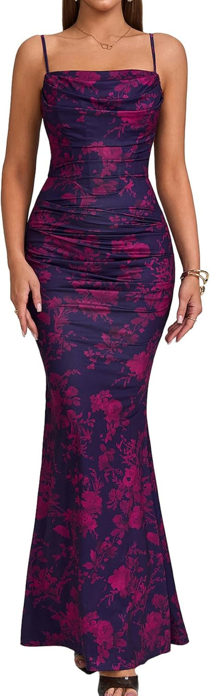 EYNMIN Women’s Corset Maxi Dress – Elegant Sleeveless Bodycon Gown with Spaghetti Straps & Ruched Detailing ✨ Perfect for Weddings, Galas, & Evening Events