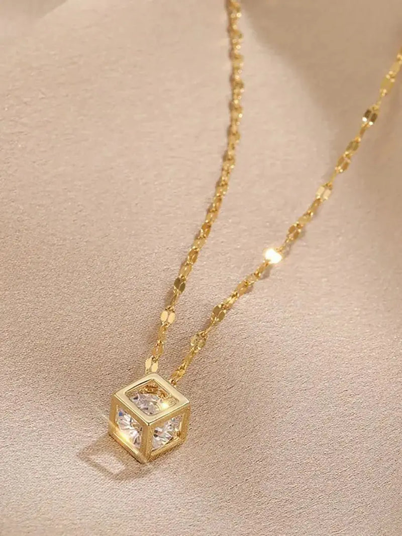  Korean-Inspired Zircon Hollow Square Necklace – Stainless Steel Clavicle Chain