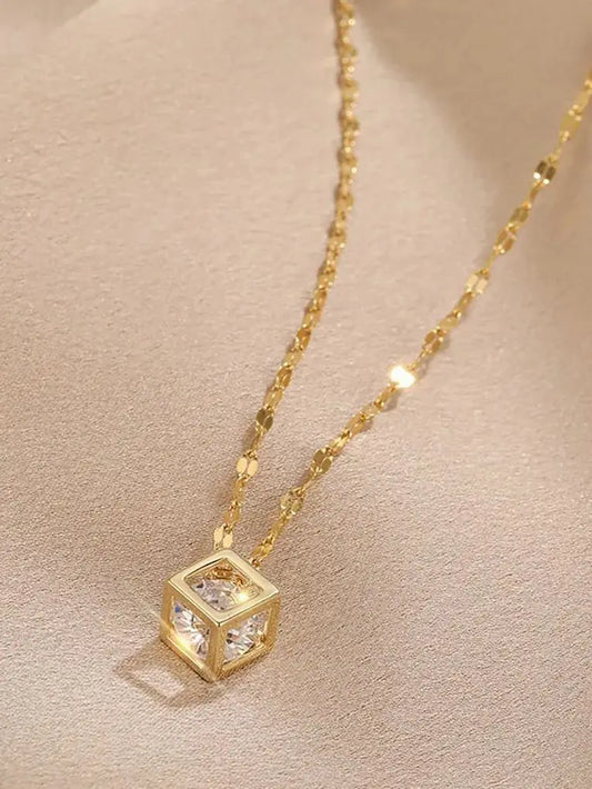  Korean-Inspired Zircon Hollow Square Necklace – Stainless Steel Clavicle Chain