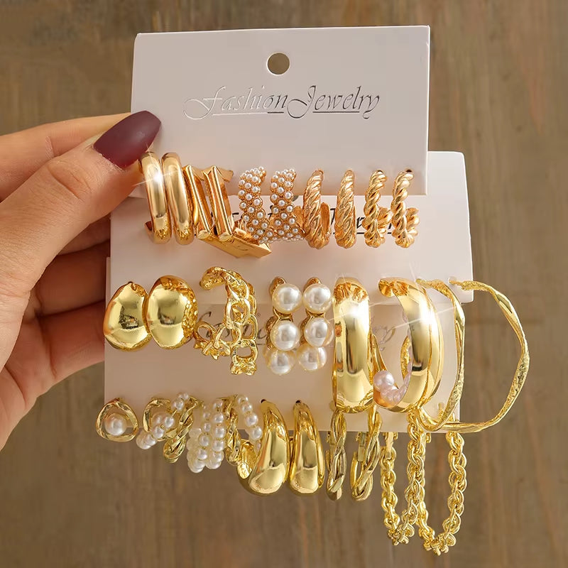 Vintage-Inspired Geometric Pearl Earrings Set – Twisted Metal & Square Drop Design