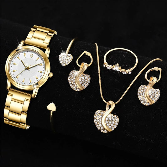 Women’s Luxe Quartz Watch & Jewelry Set – Gold Ring, Necklace, Earrings & Rhinestone Timepiece