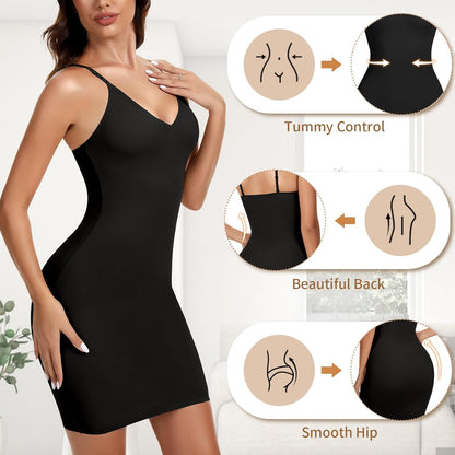 Tummy Control Shapewear Slip Dress – Full Body Shaper with Adjustable Straps & Deep V Neck | Smooths Under Any Look