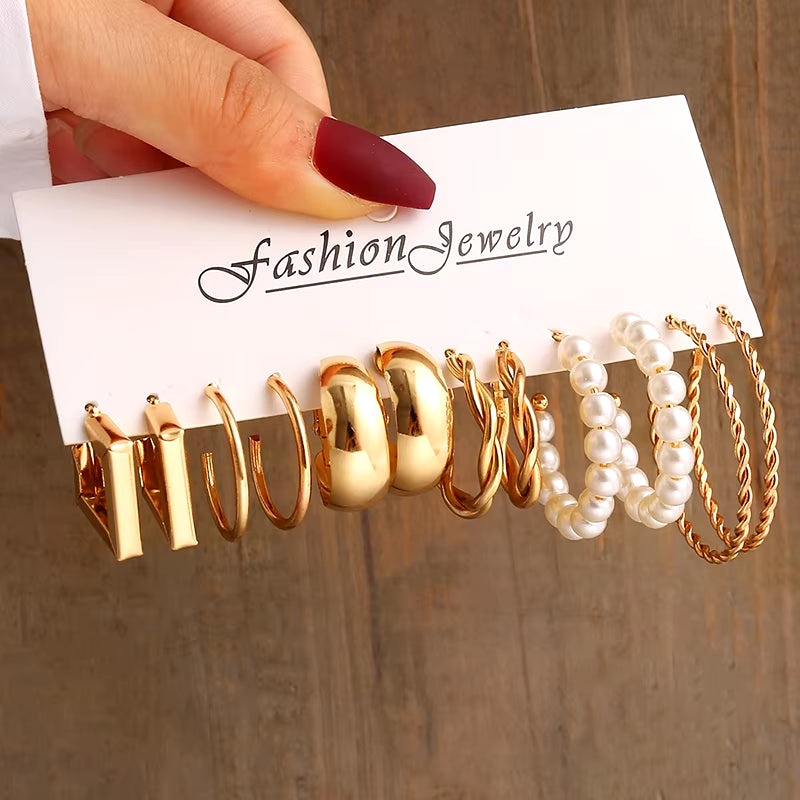Vintage-Inspired Geometric Pearl Earrings Set – Twisted Metal & Square Drop Design