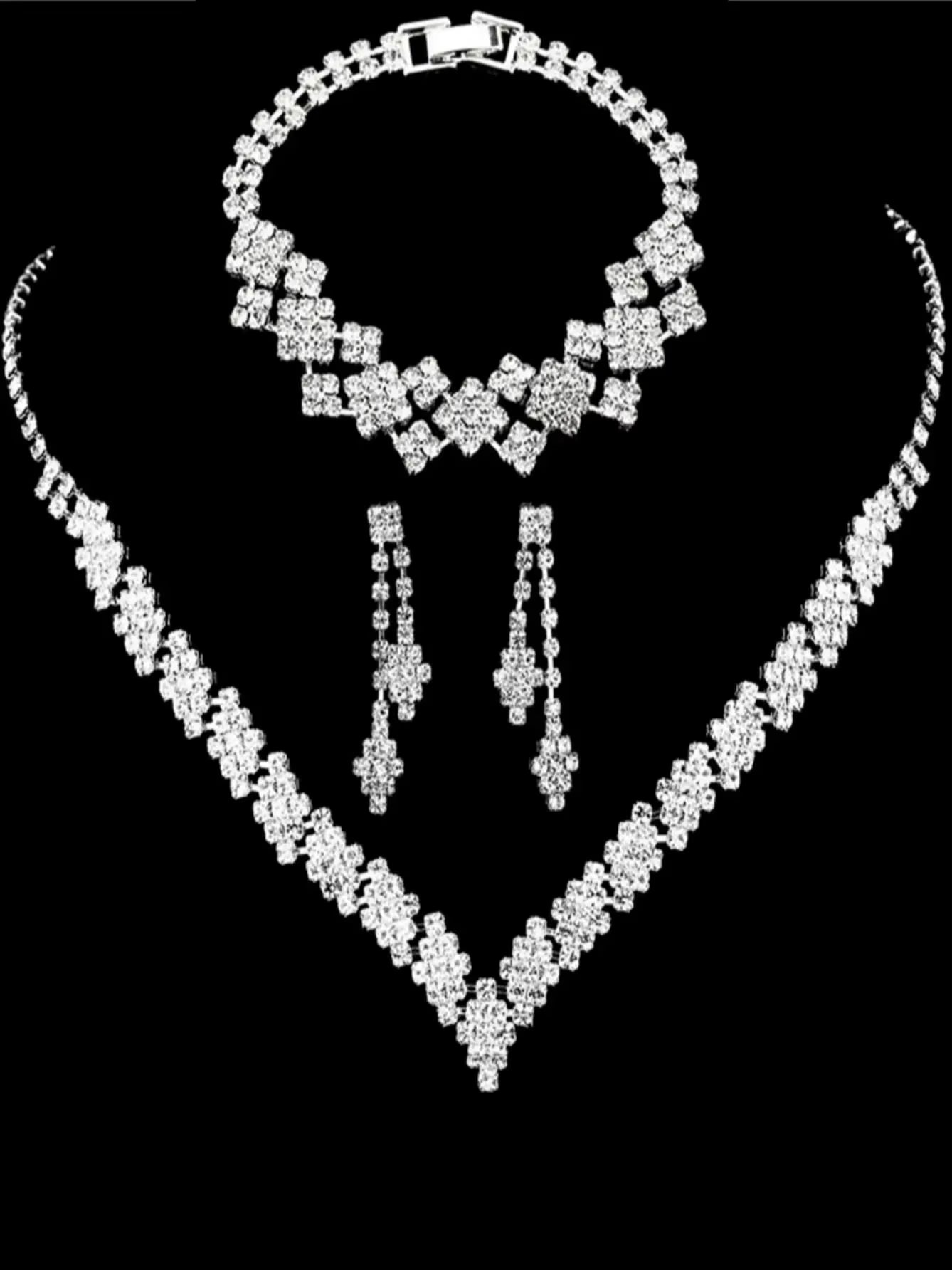  3-Piece Silver Bridal Jewelry Set – Rhinestone Clutch Bracelet & Tassel Earrings