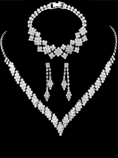  3-Piece Silver Bridal Jewelry Set – Rhinestone Clutch Bracelet & Tassel Earrings