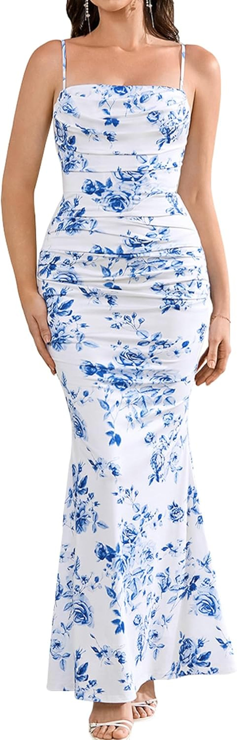 EYNMIN Women’s Corset Maxi Dress – Elegant Sleeveless Bodycon Gown with Spaghetti Straps & Ruched Detailing ✨ Perfect for Weddings, Galas, & Evening Events