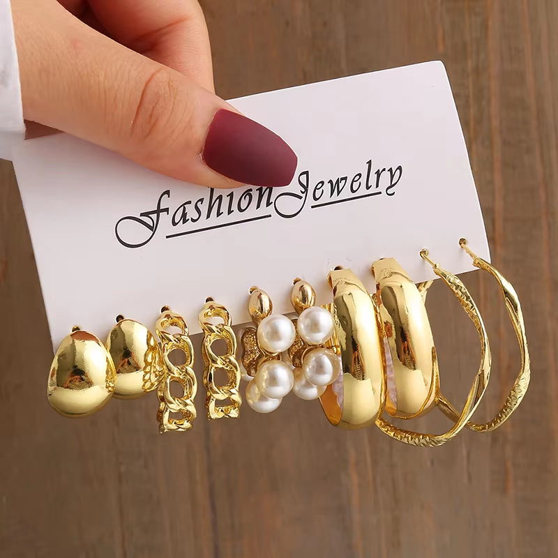 Vintage-Inspired Geometric Pearl Earrings Set – Twisted Metal & Square Drop Design