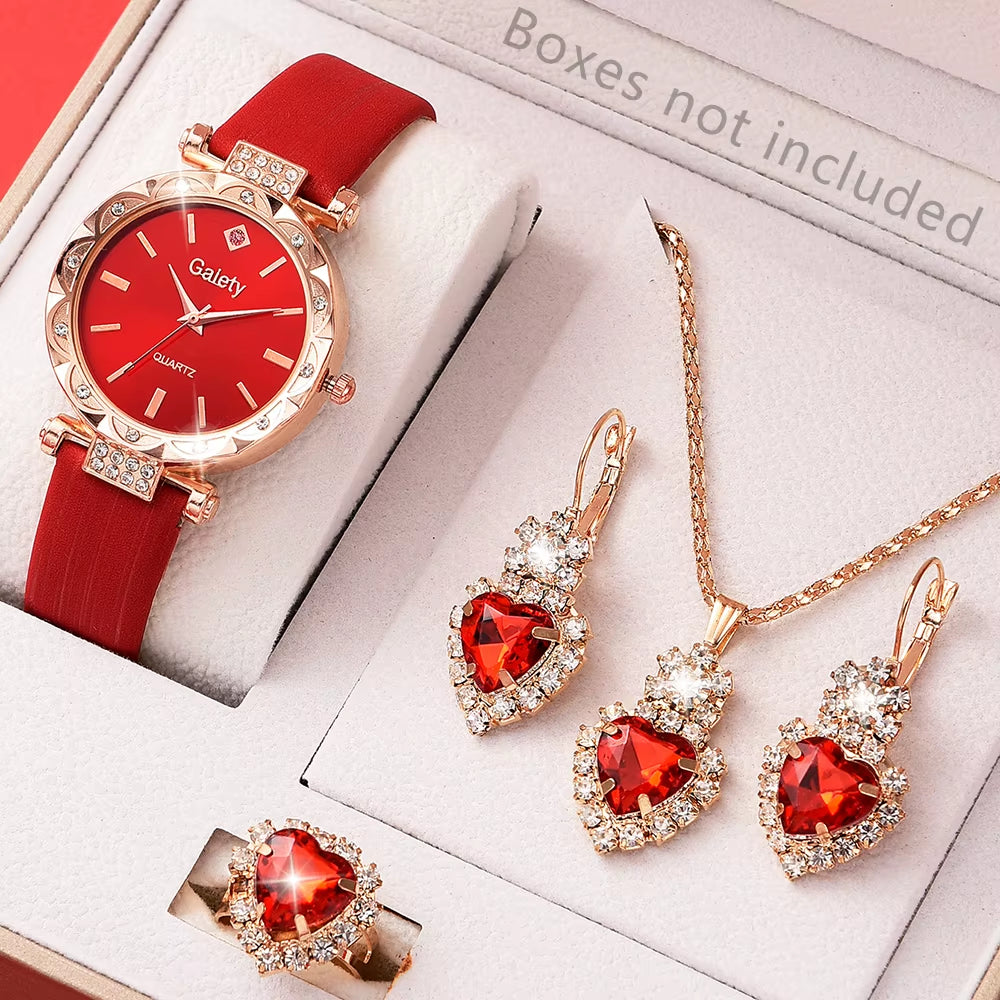 5-Piece Elegant Rhinestone Watch & Jewelry Set for Women – Quartz Wristwatch with Matching Accessories