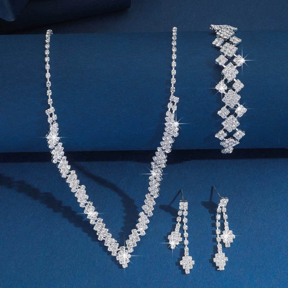  3-Piece Silver Bridal Jewelry Set – Rhinestone Clutch Bracelet & Tassel Earrings
