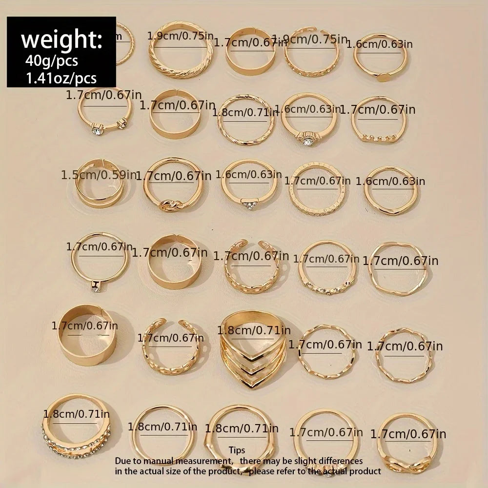 30-Piece Boho Gold Ring Set – Vintage Rhinestone & Geometric Stackable Rings