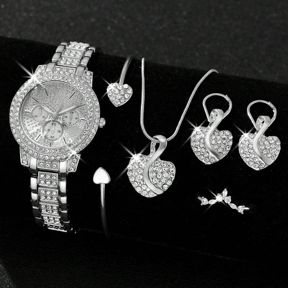 Women’s Luxe Quartz Watch & Jewelry Set – Gold Ring, Necklace, Earrings & Rhinestone Timepiece
