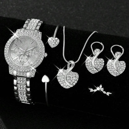 Women’s Luxe Quartz Watch & Jewelry Set – Gold Ring, Necklace, Earrings & Rhinestone Timepiece