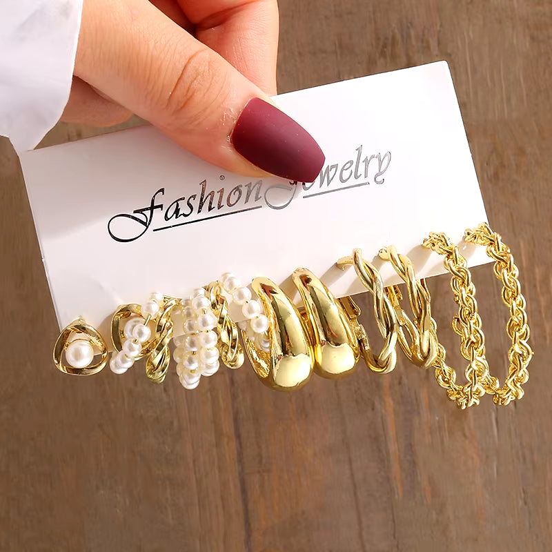 Vintage-Inspired Geometric Pearl Earrings Set – Twisted Metal & Square Drop Design