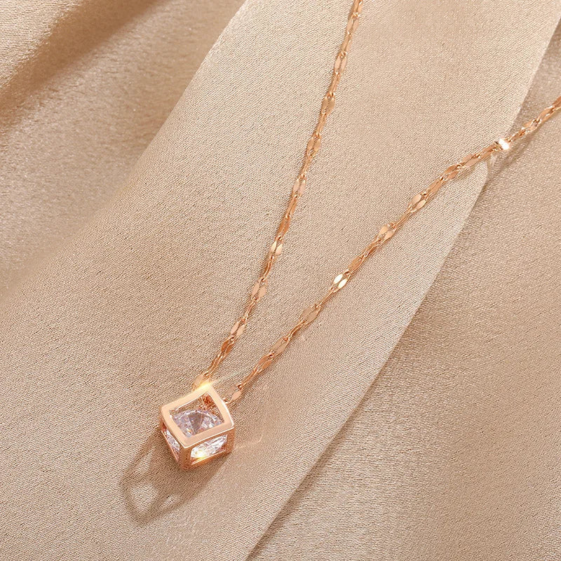  Korean-Inspired Zircon Hollow Square Necklace – Stainless Steel Clavicle Chain