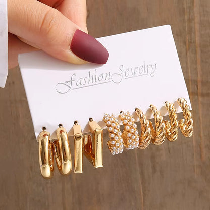 Vintage-Inspired Geometric Pearl Earrings Set – Twisted Metal & Square Drop Design