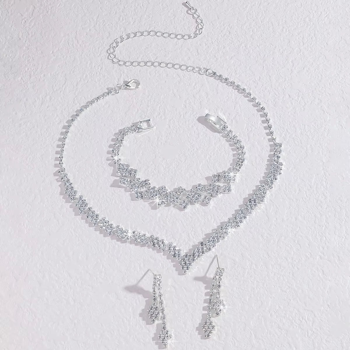  3-Piece Silver Bridal Jewelry Set – Rhinestone Clutch Bracelet & Tassel Earrings