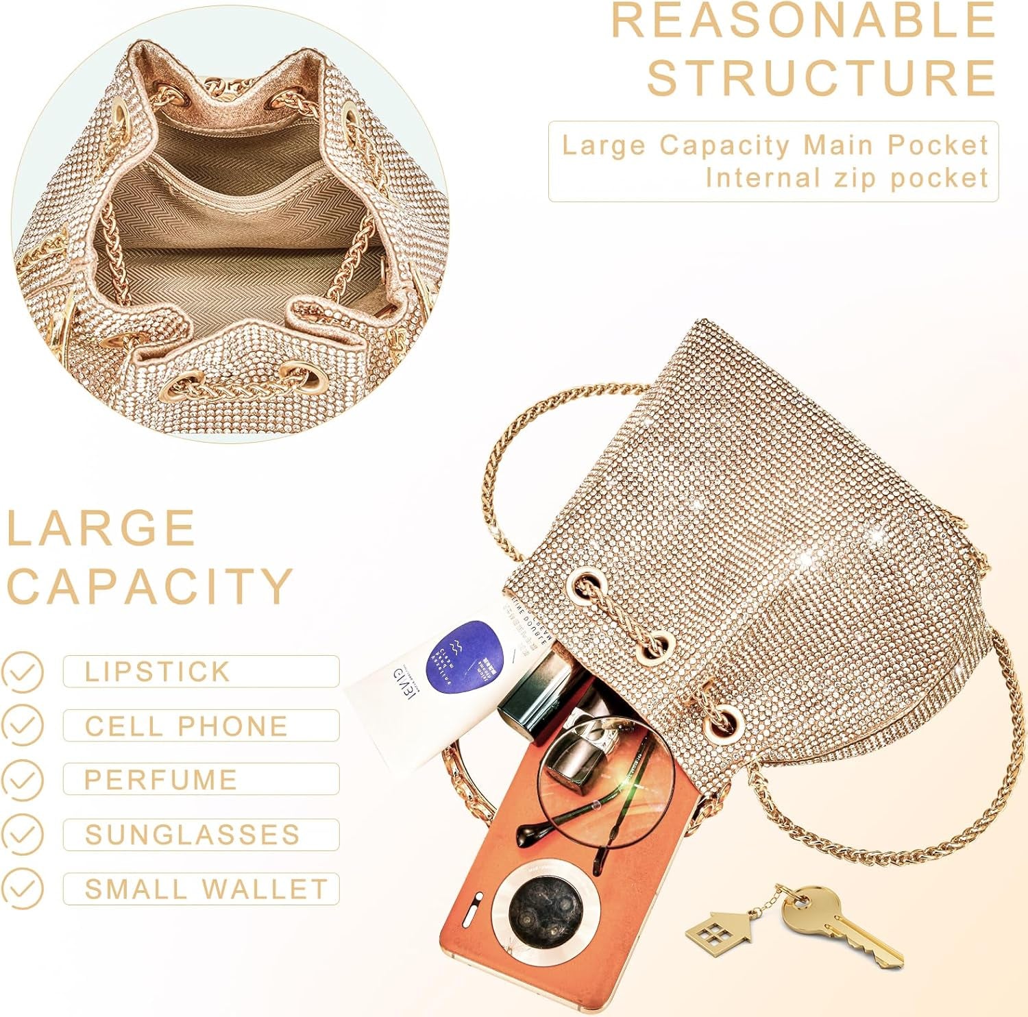 TOPALL Sparkly Rhinestone Clutch – Upgrade Evening Bag with Chain Strap & Crystal Handles | Party, Wedding & Prom Purse